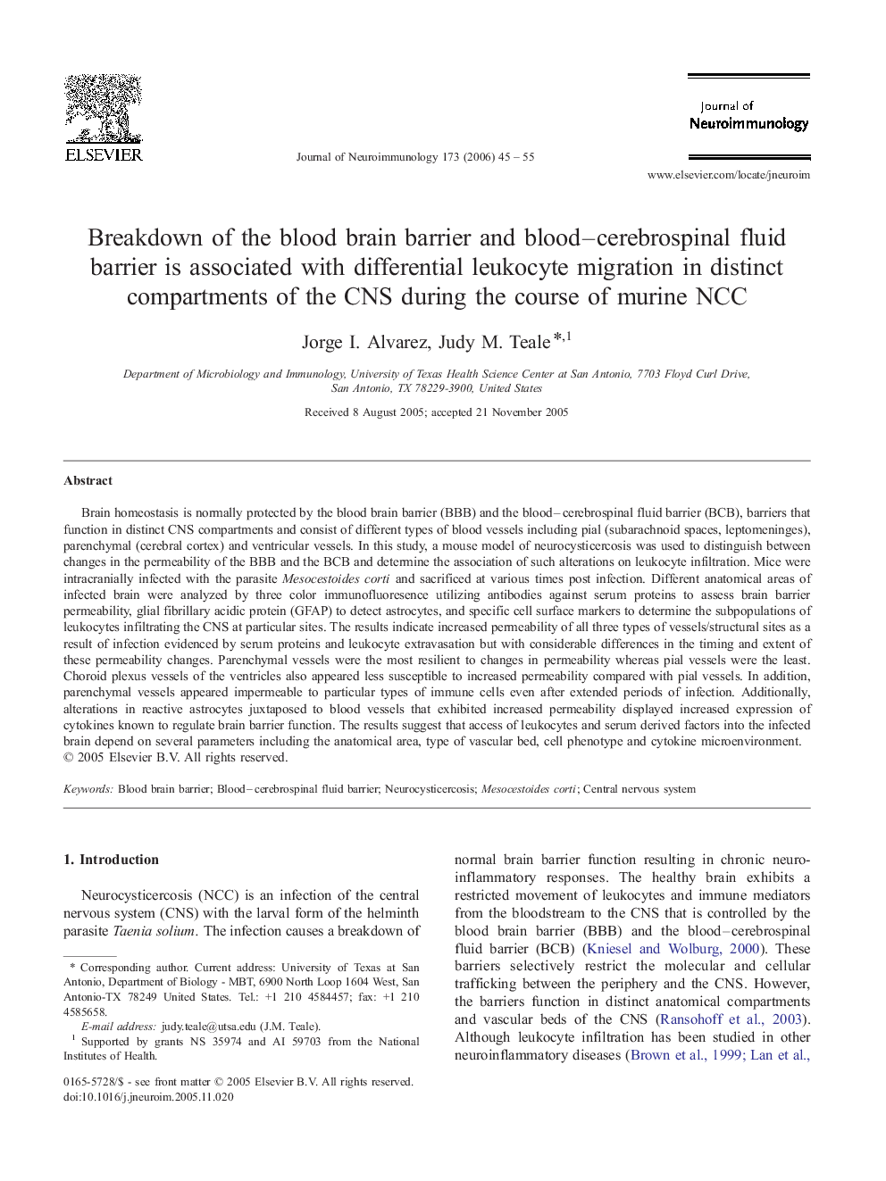 Breakdown of the blood brain barrier and blood–cerebrospinal fluid barrier is associated with differential leukocyte migration in distinct compartments of the CNS during the course of murine NCC