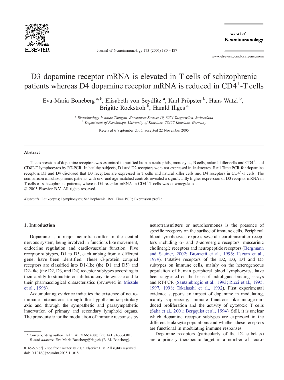 D3 dopamine receptor mRNA is elevated in T cells of schizophrenic patients whereas D4 dopamine receptor mRNA is reduced in CD4+-T cells