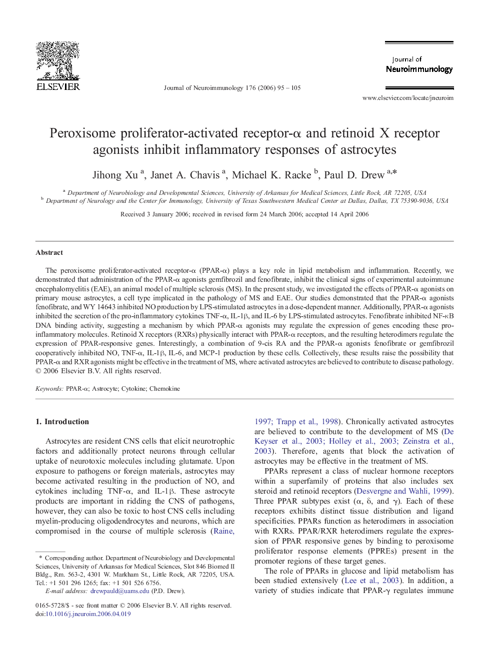 Peroxisome proliferator-activated receptor-α and retinoid X receptor agonists inhibit inflammatory responses of astrocytes