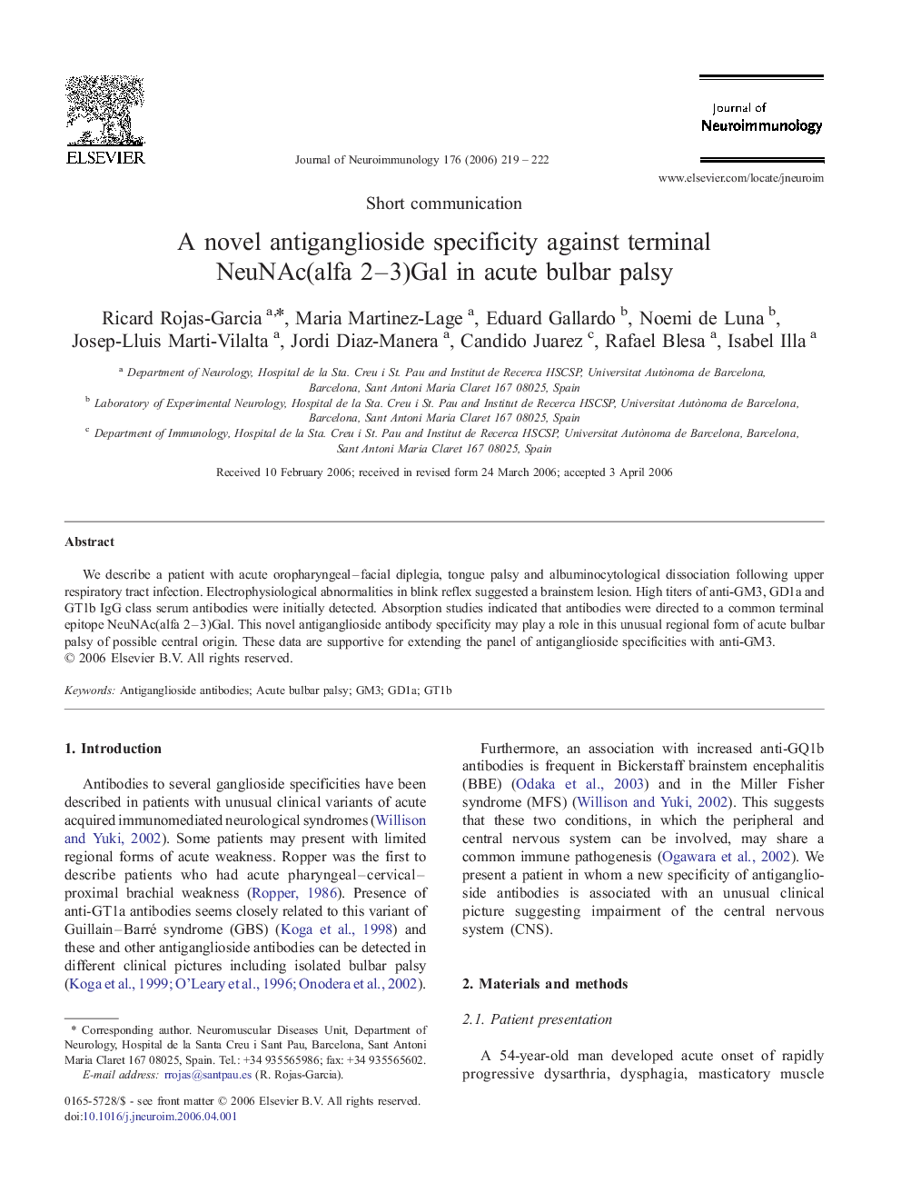 A novel antiganglioside specificity against terminal NeuNAc(alfa 2–3)Gal in acute bulbar palsy