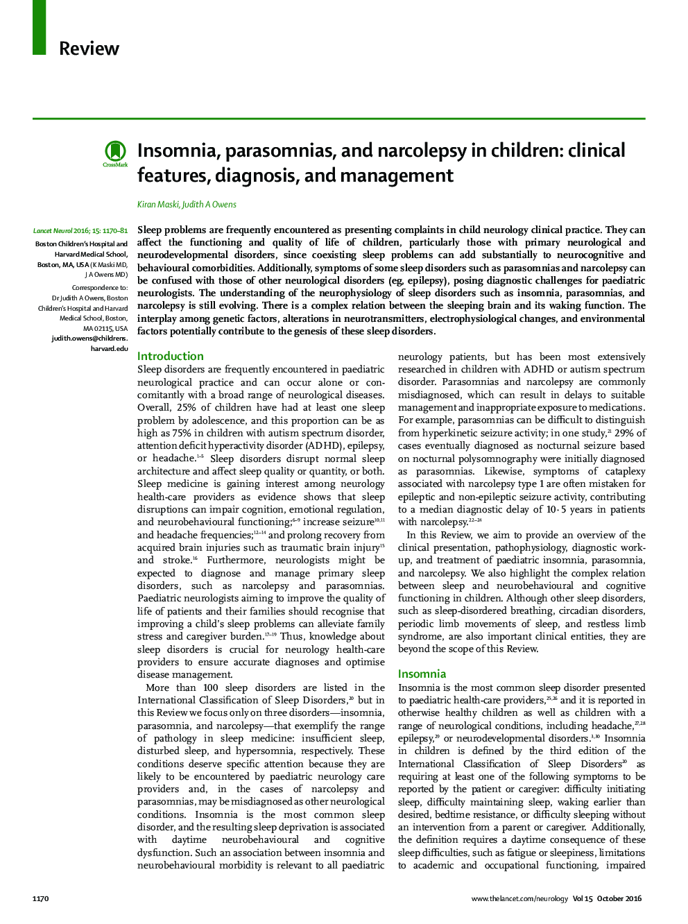 بی خوابی، پاراسومنی ها، و نارکولپسی در کودکان: ویژگی های بالینی، تشخیص و مدیریت 