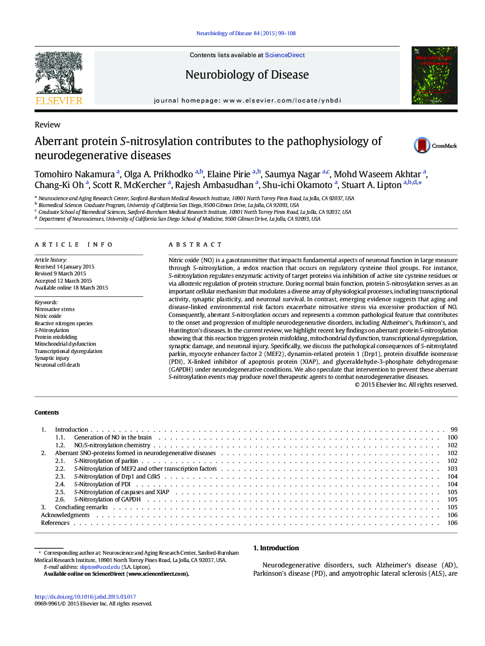 Aberrant protein S-nitrosylation contributes to the pathophysiology of neurodegenerative diseases