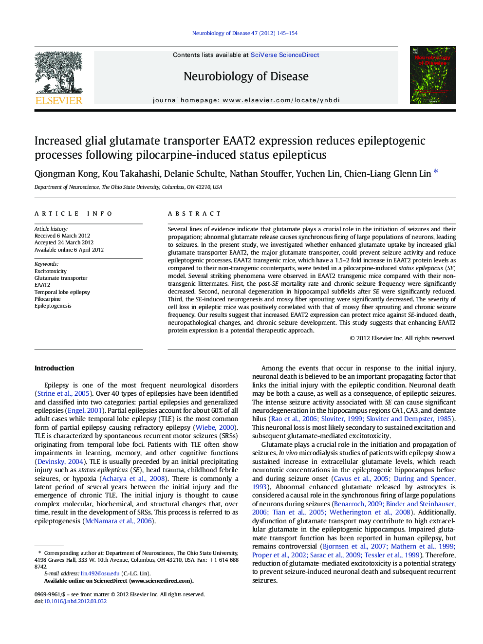 Increased glial glutamate transporter EAAT2 expression reduces epileptogenic processes following pilocarpine-induced status epilepticus