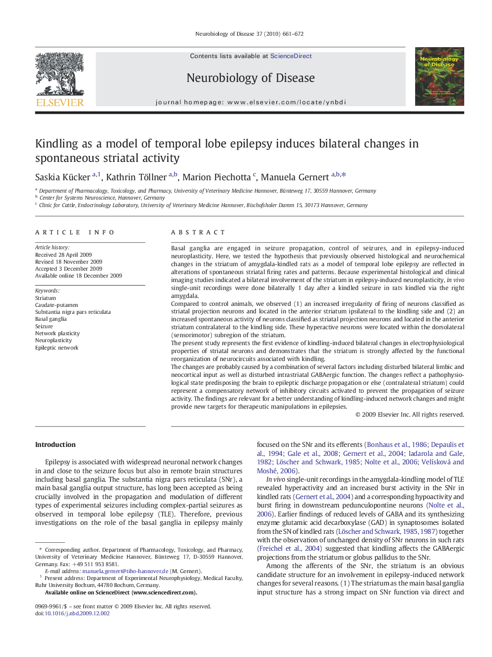 Kindling as a model of temporal lobe epilepsy induces bilateral changes in spontaneous striatal activity