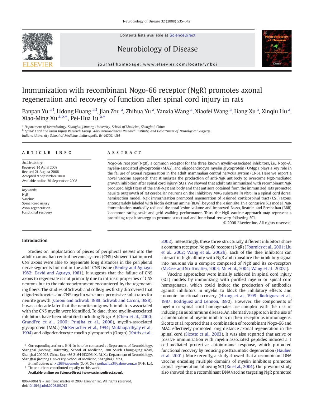 Immunization with recombinant Nogo-66 receptor (NgR) promotes axonal regeneration and recovery of function after spinal cord injury in rats