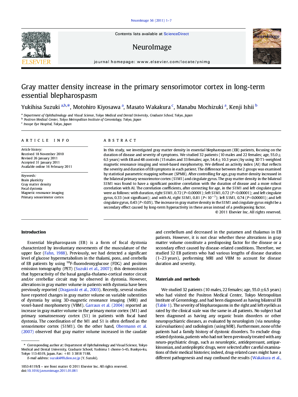 Gray matter density increase in the primary sensorimotor cortex in long-term essential blepharospasm