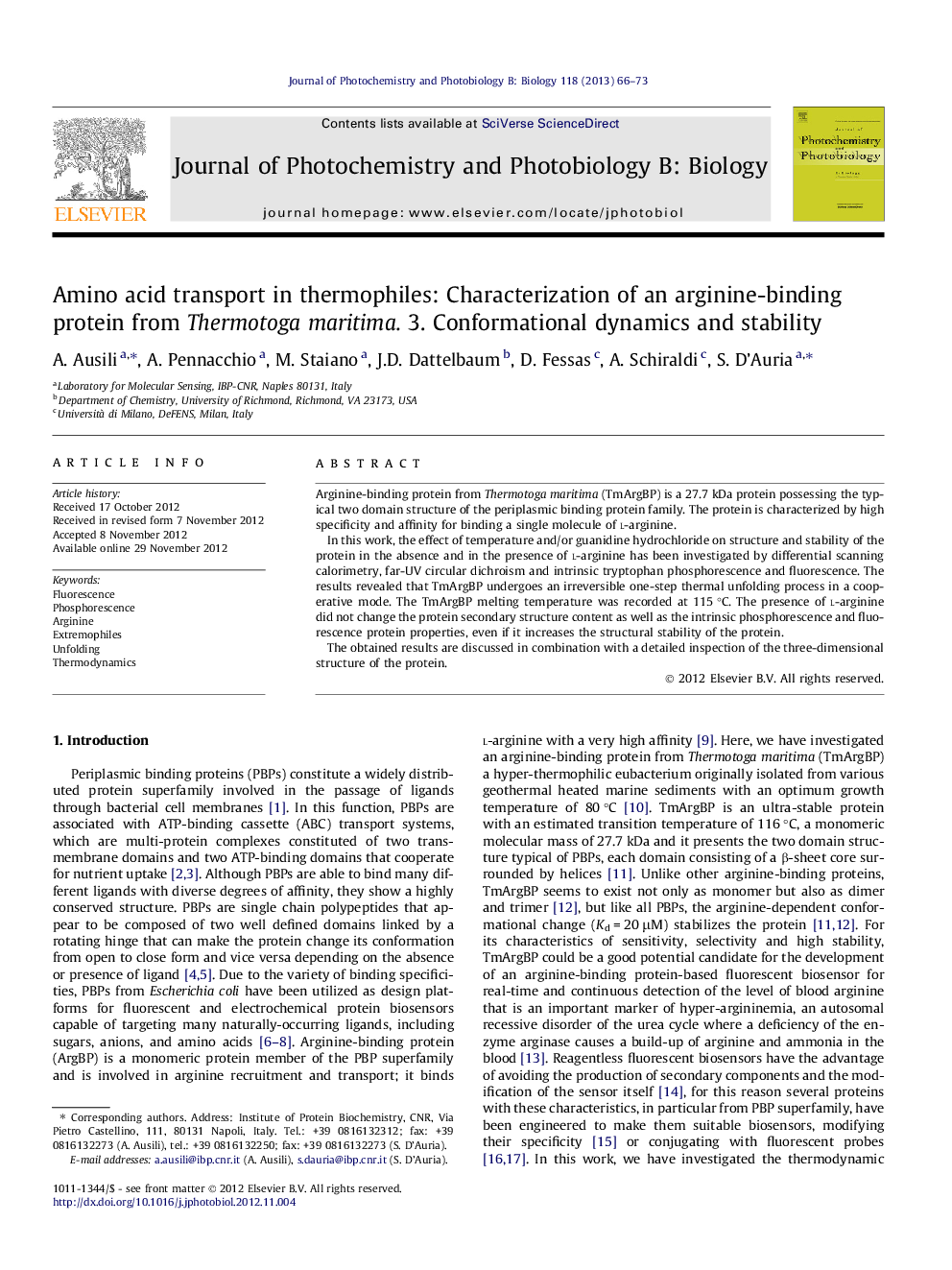 Amino acid transport in thermophiles: Characterization of an arginine-binding protein from Thermotoga maritima. 3. Conformational dynamics and stability