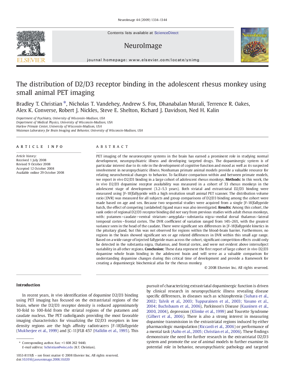 The distribution of D2/D3 receptor binding in the adolescent rhesus monkey using small animal PET imaging