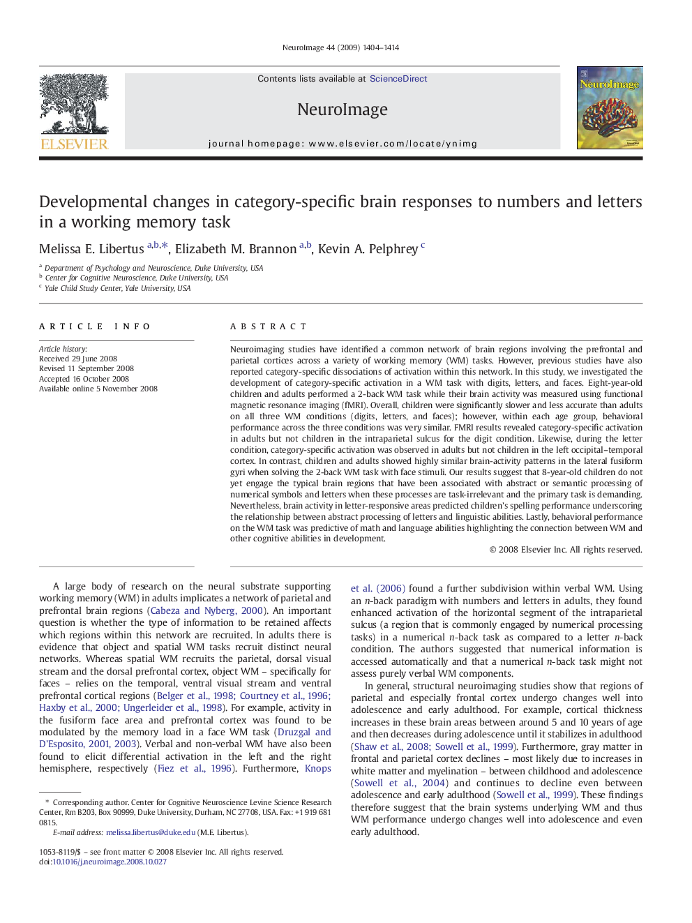 Developmental changes in category-specific brain responses to numbers and letters in a working memory task