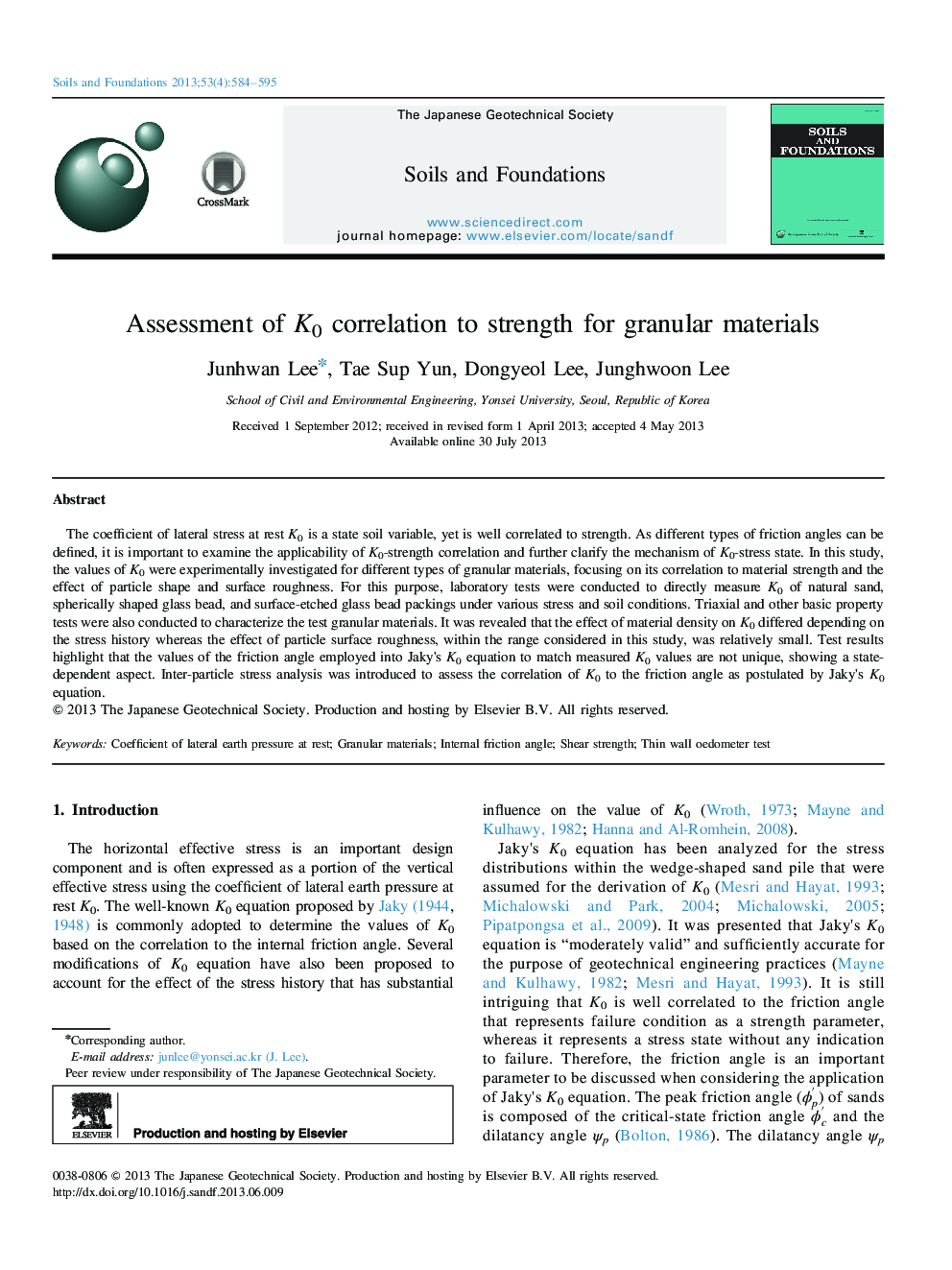 Assessment of K0 correlation to strength for granular materials 