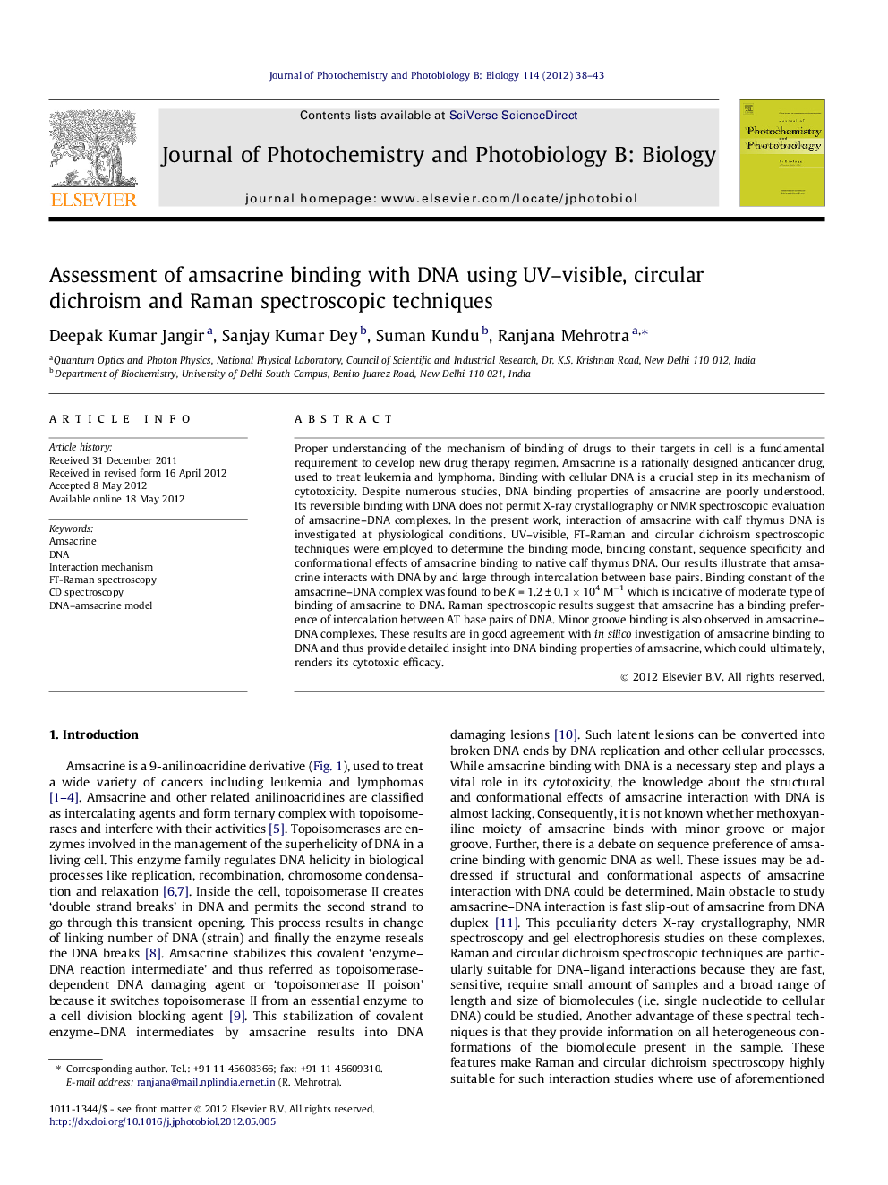 Assessment of amsacrine binding with DNA using UV–visible, circular dichroism and Raman spectroscopic techniques