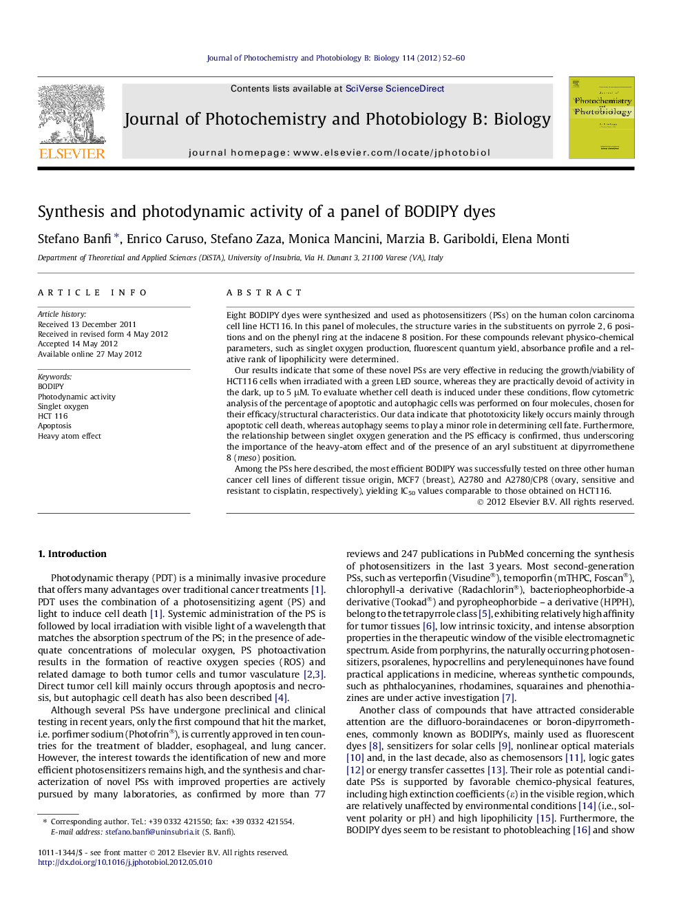 Synthesis and photodynamic activity of a panel of BODIPY dyes