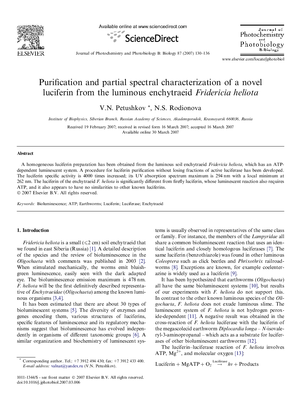 Purification and partial spectral characterization of a novel luciferin from the luminous enchytraeid Fridericia heliota