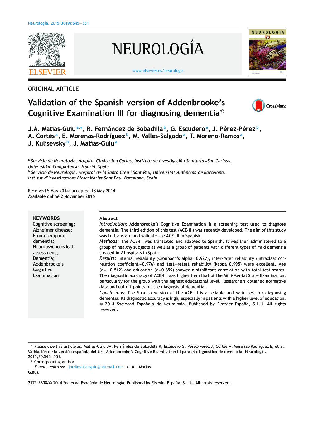 Validation of the Spanish version of Addenbrooke's Cognitive Examination III for diagnosing dementia 