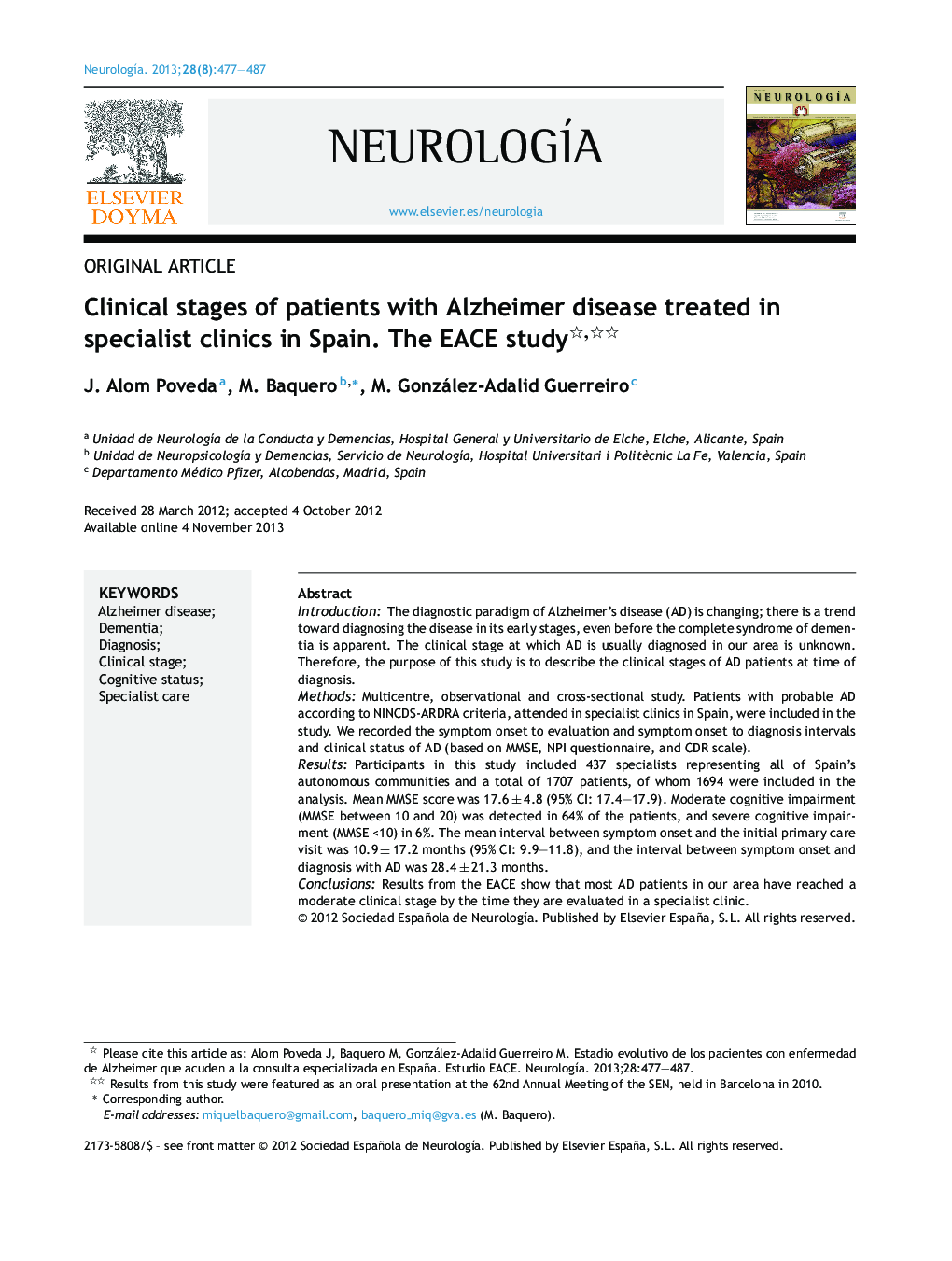 Clinical stages of patients with Alzheimer disease treated in specialist clinics in Spain. The EACE study