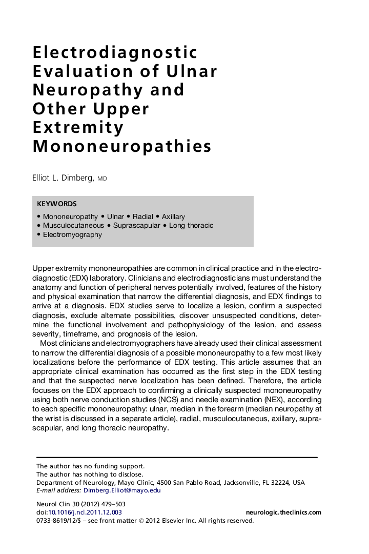 Electrodiagnostic Evaluation of Ulnar Neuropathy and Other Upper Extremity Mononeuropathies