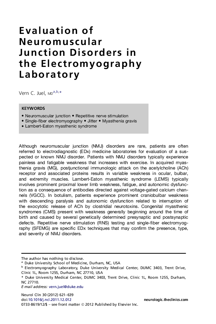 Evaluation of Neuromuscular Junction Disorders in the Electromyography Laboratory