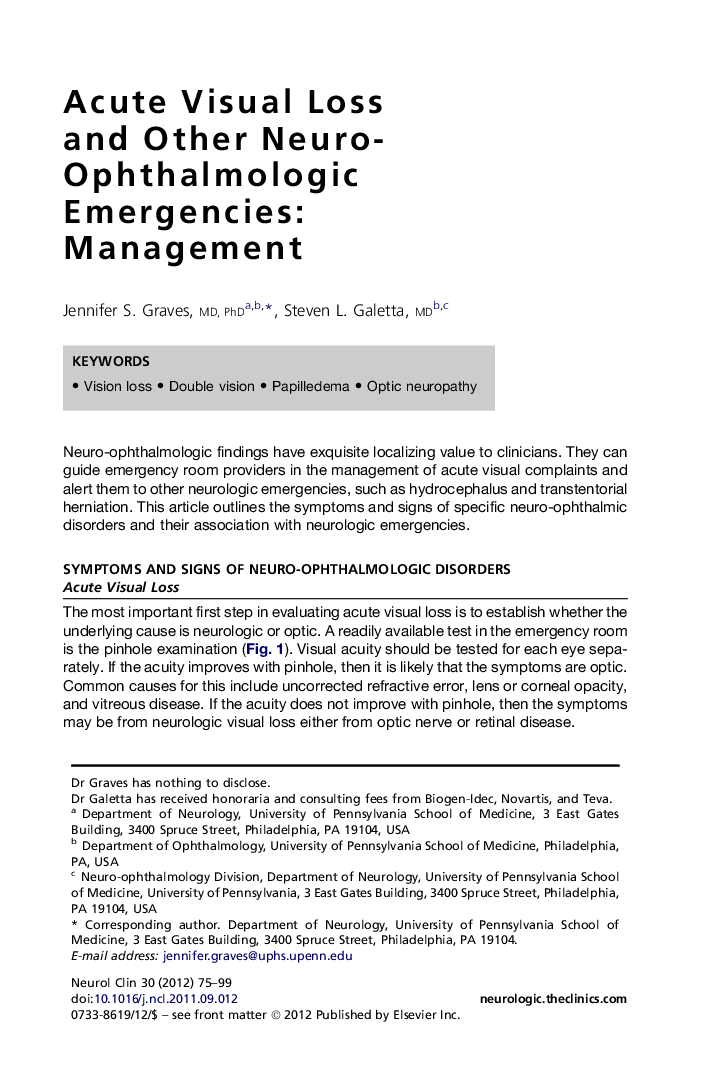 Acute Visual Loss and Other Neuro-Ophthalmologic Emergencies: Management