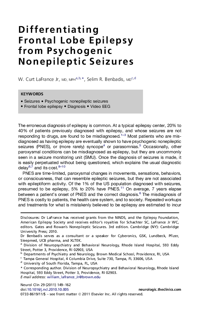 Differentiating Frontal Lobe Epilepsy from Psychogenic Nonepileptic Seizures