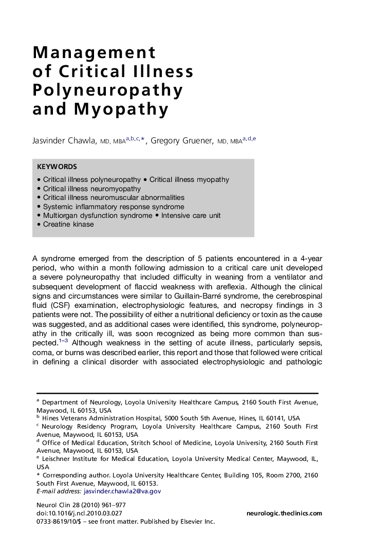 Management of Critical Illness Polyneuropathy and Myopathy