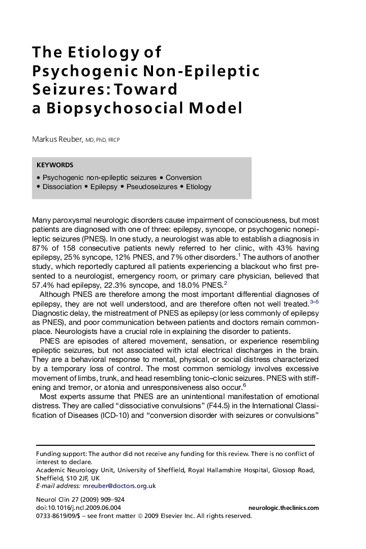 The Etiology of Psychogenic Non-Epileptic Seizures: Toward a Biopsychosocial Model