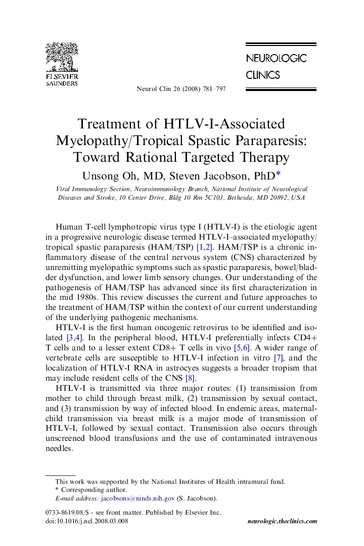 Treatment of HTLV-I-Associated Myelopathy/Tropical Spastic Paraparesis: Toward Rational Targeted Therapy 