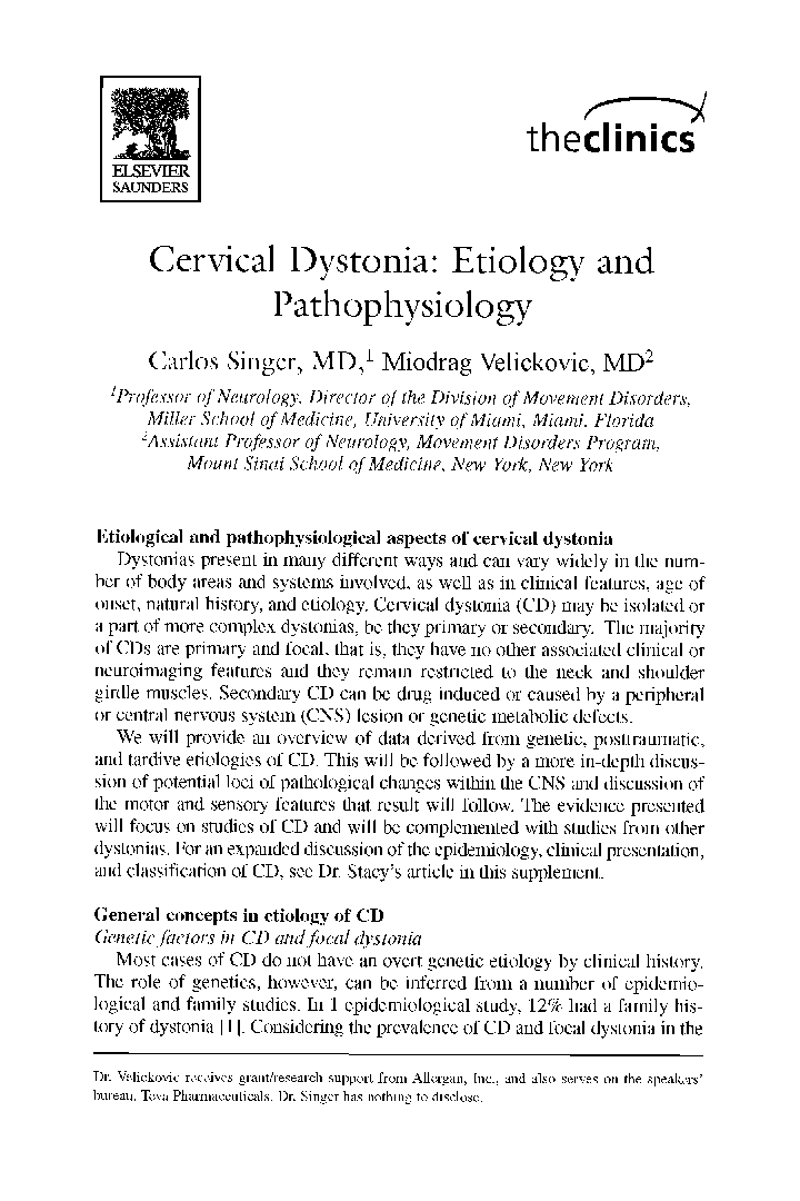 Cervical dystonia: Etiology and pathophysiology