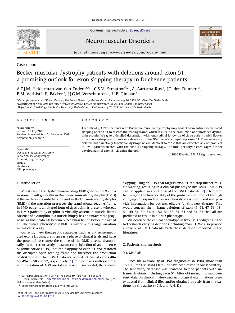 Becker muscular dystrophy patients with deletions around exon 51; a promising outlook for exon skipping therapy in Duchenne patients