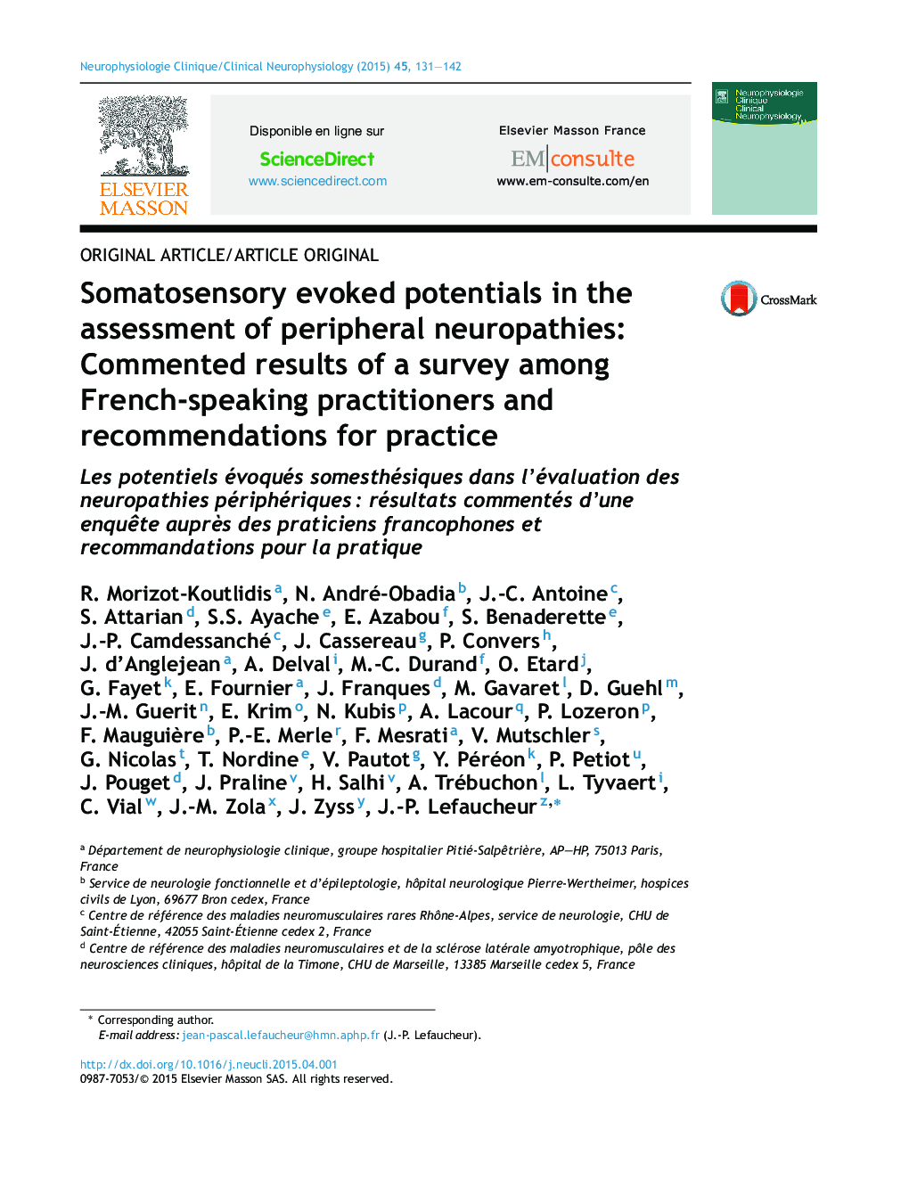 Somatosensory evoked potentials in the assessment of peripheral neuropathies: Commented results of a survey among French-speaking practitioners and recommendations for practice