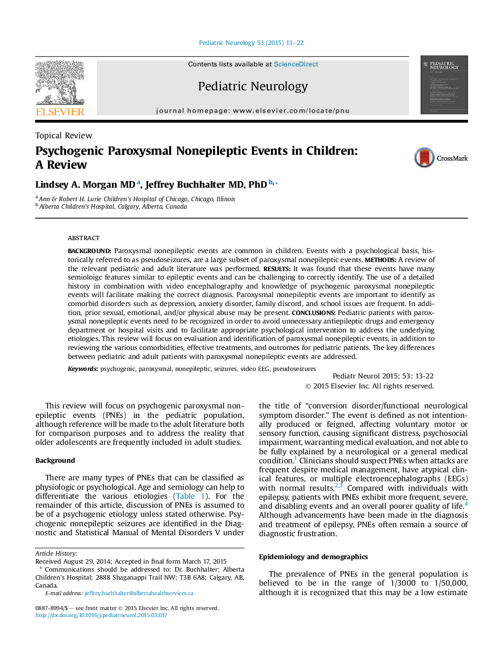 Psychogenic Paroxysmal Nonepileptic Events in Children: A Review