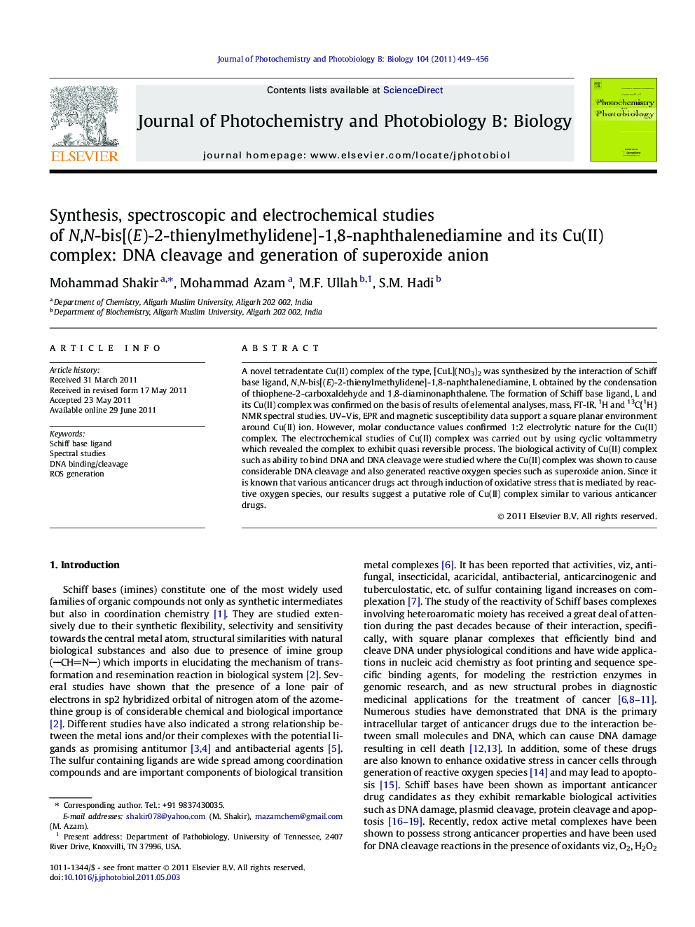 Synthesis, spectroscopic and electrochemical studies of N,N-bis[(E)-2-thienylmethylidene]-1,8-naphthalenediamine and its Cu(II) complex: DNA cleavage and generation of superoxide anion