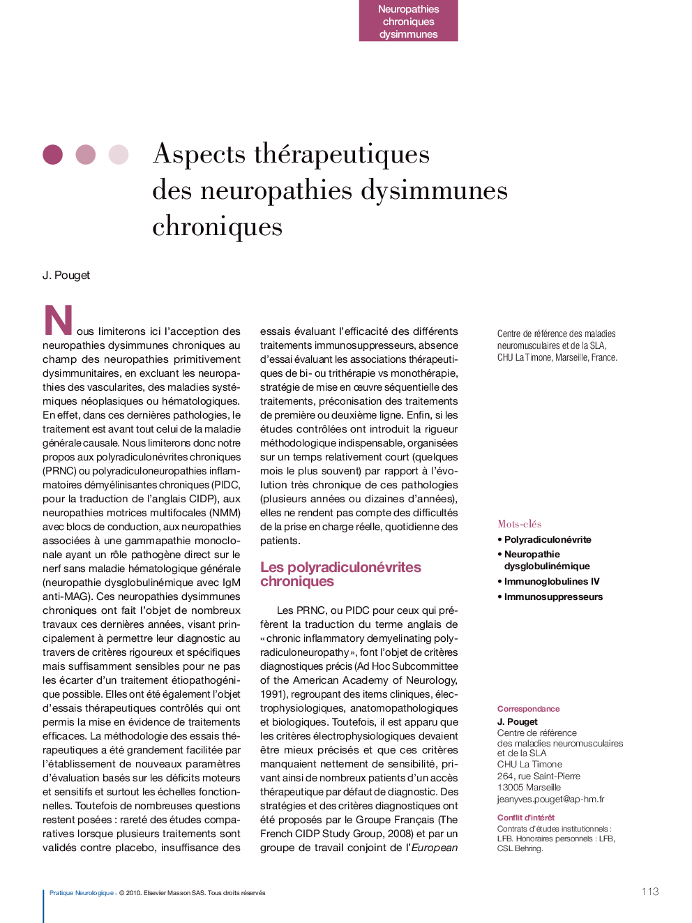 Aspects thérapeutiques des neuropathies dysimmunes chroniques