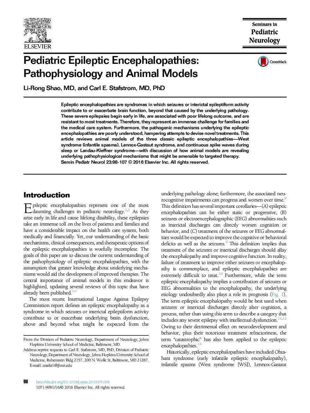 Encephalopathies صرع کودکان: پاتوفیزیولوژی و مدل های حیوانی