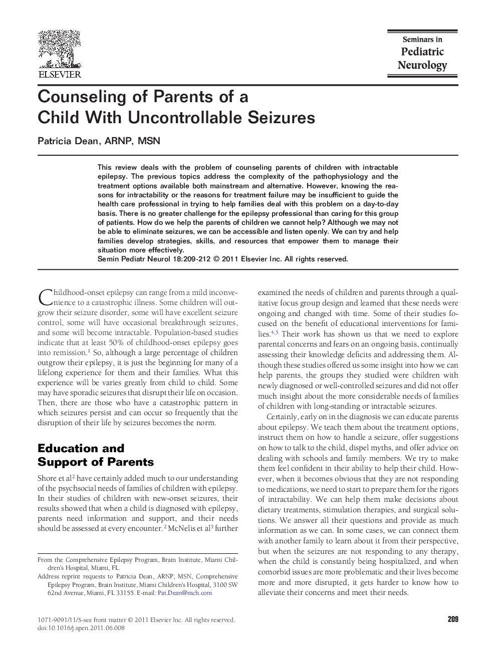 Counseling of Parents of a Child With Uncontrollable Seizures