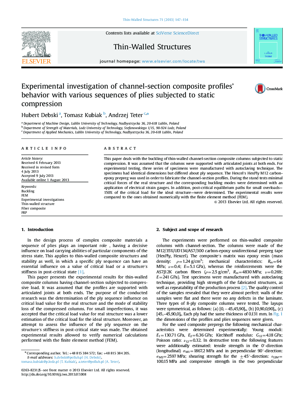 Experimental investigation of channel-section composite profiles’ behavior with various sequences of plies subjected to static compression