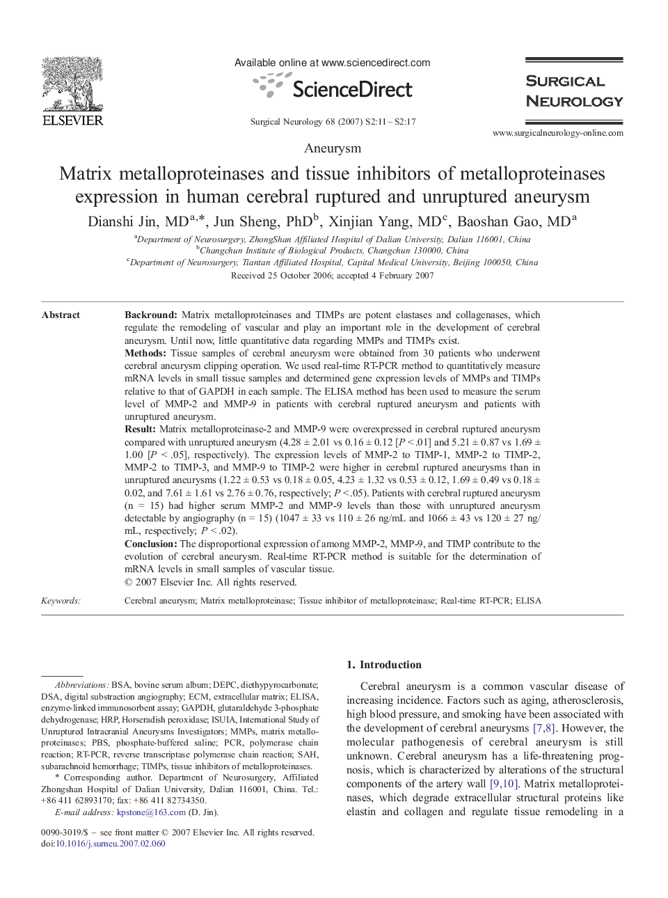 Matrix metalloproteinases and tissue inhibitors of metalloproteinases expression in human cerebral ruptured and unruptured aneurysm