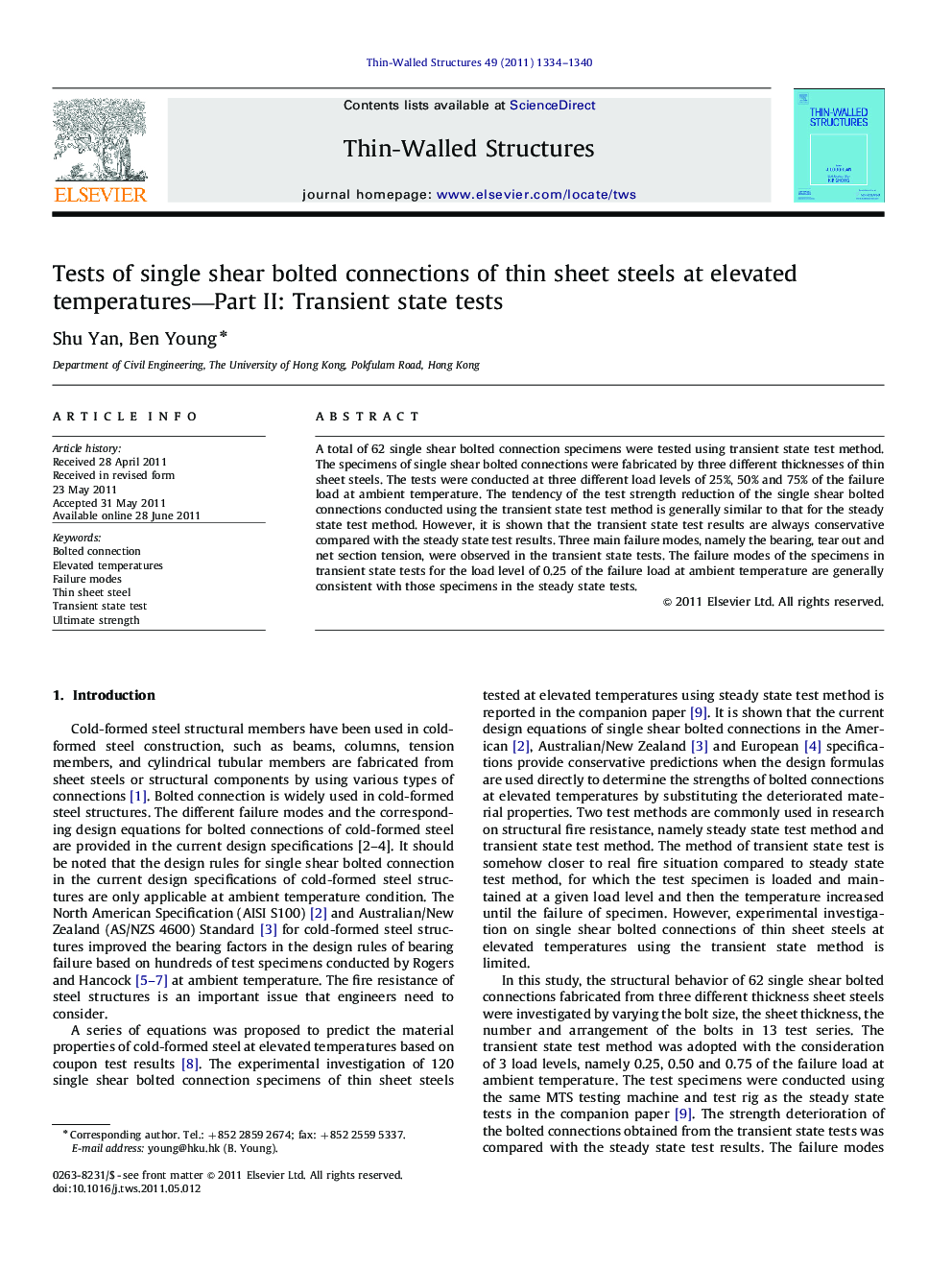 Tests of single shear bolted connections of thin sheet steels at elevated temperatures—Part II: Transient state tests