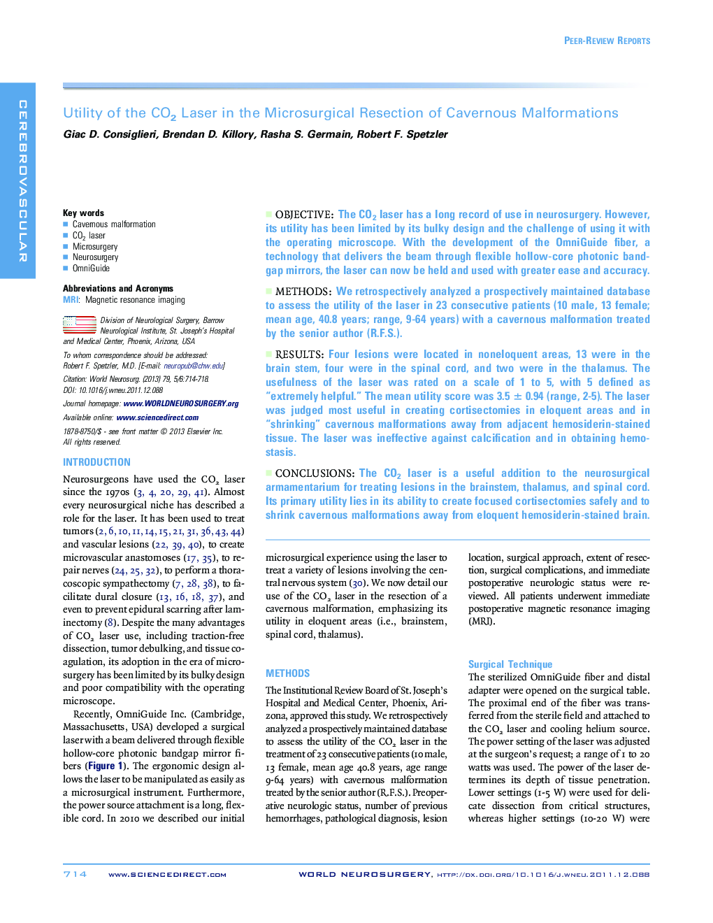 Utility of the CO2 Laser in the Microsurgical Resection of Cavernous Malformations 