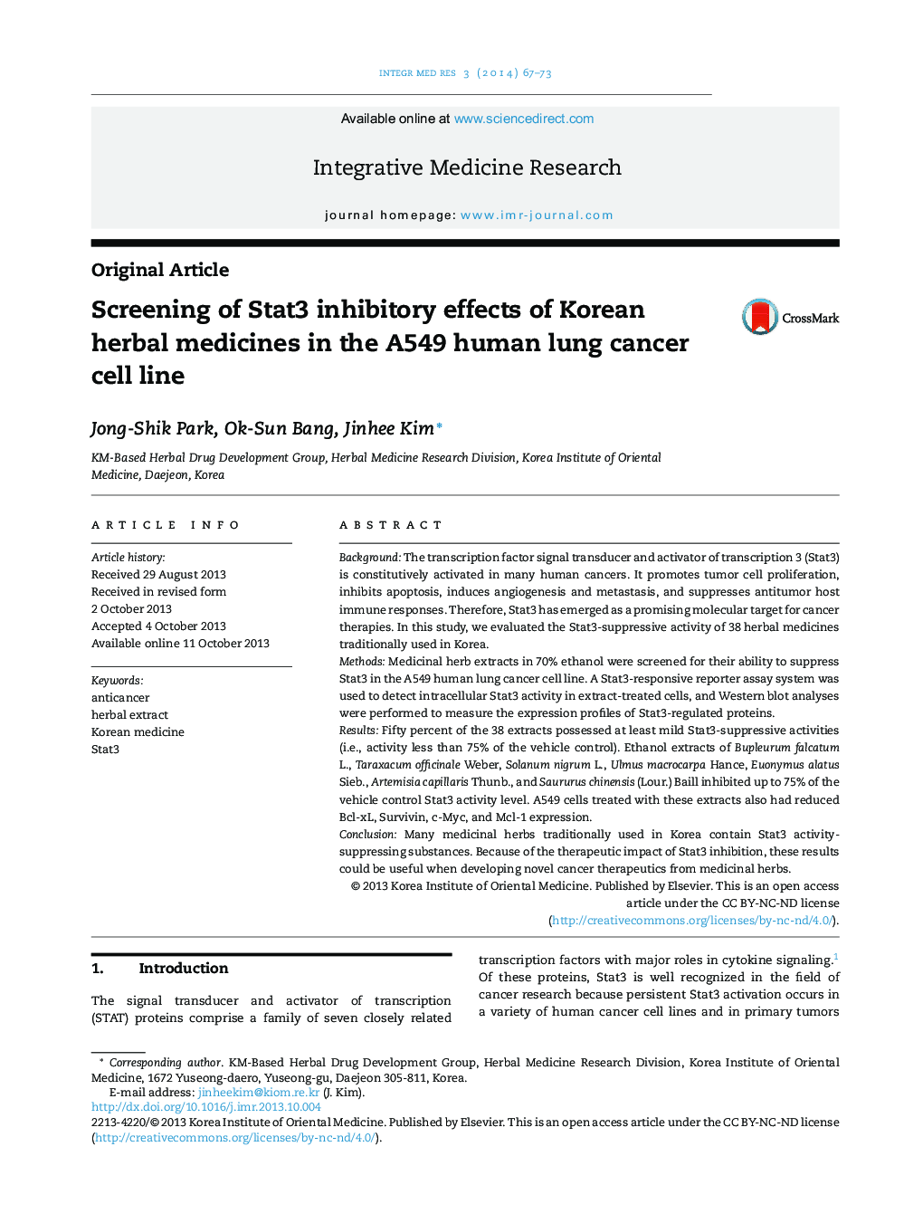 Screening of Stat3 inhibitory effects of Korean herbal medicines in the A549 human lung cancer cell line