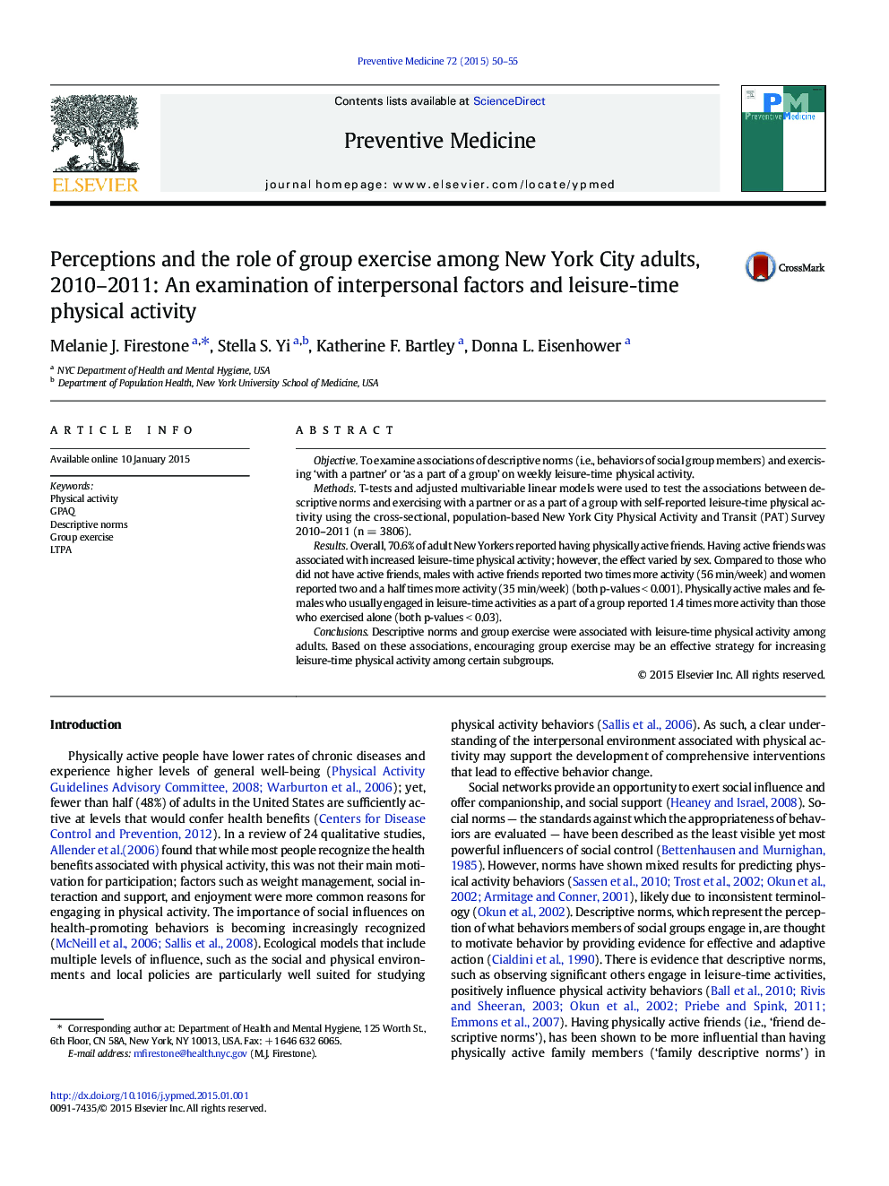 Perceptions and the role of group exercise among New York City adults, 2010–2011: An examination of interpersonal factors and leisure-time physical activity