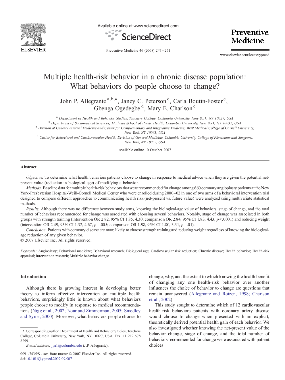 Multiple health-risk behavior in a chronic disease population: What behaviors do people choose to change?