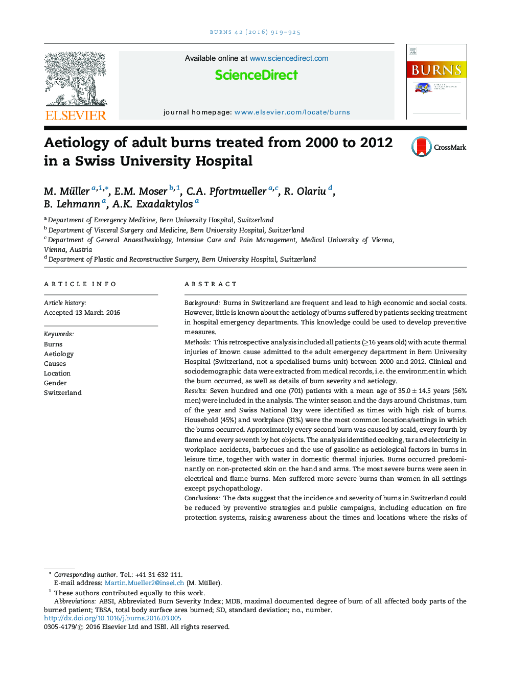 اتیولوژی سوختگی های بزرگسالان از سال 2000 تا 2012 در یک بیمارستان دانشگاه سوئیس