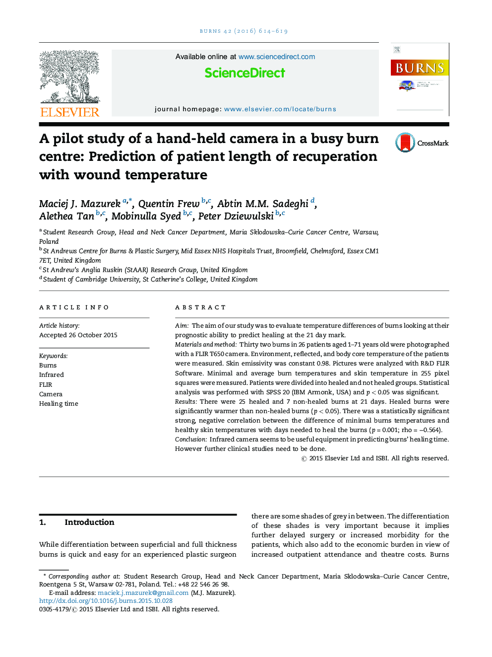 یک مطالعه آزمایشی از یک دوربین دستی در یک مرکز سوختگی مشغول: پیش بینی طول مدت بهبودی بیمار با دمای زخم