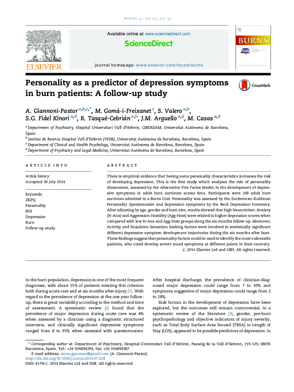 شخصیت به عنوان پیش بینی کننده علائم افسردگی در بیماران سوختگی: یک مطالعه پیگیری