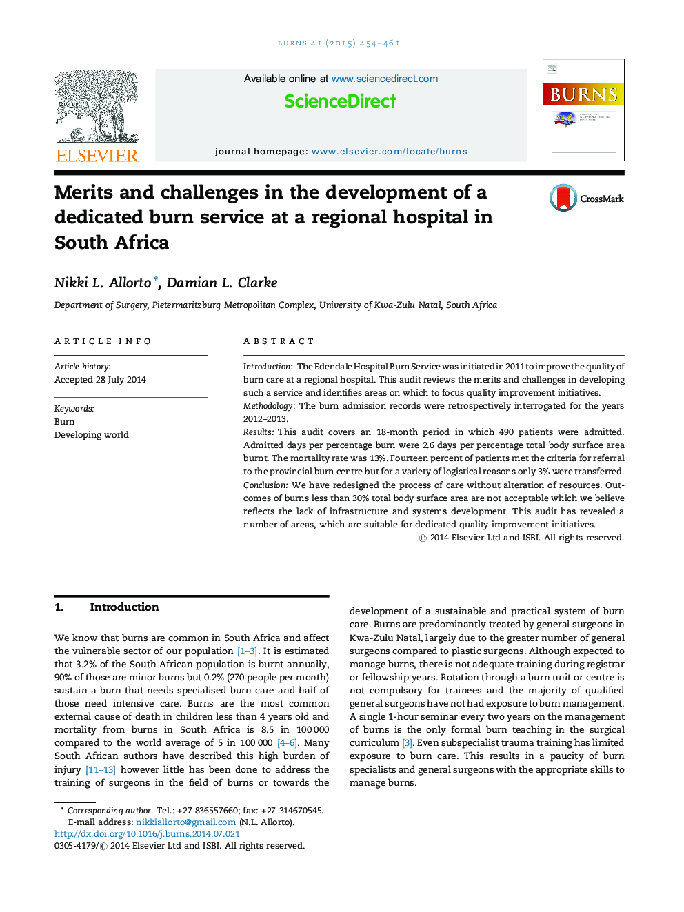شایستگی ها و چالش ها در توسعه خدمات سوختگی ویژه در یک بیمارستان منطقه ای در آفریقای جنوبی