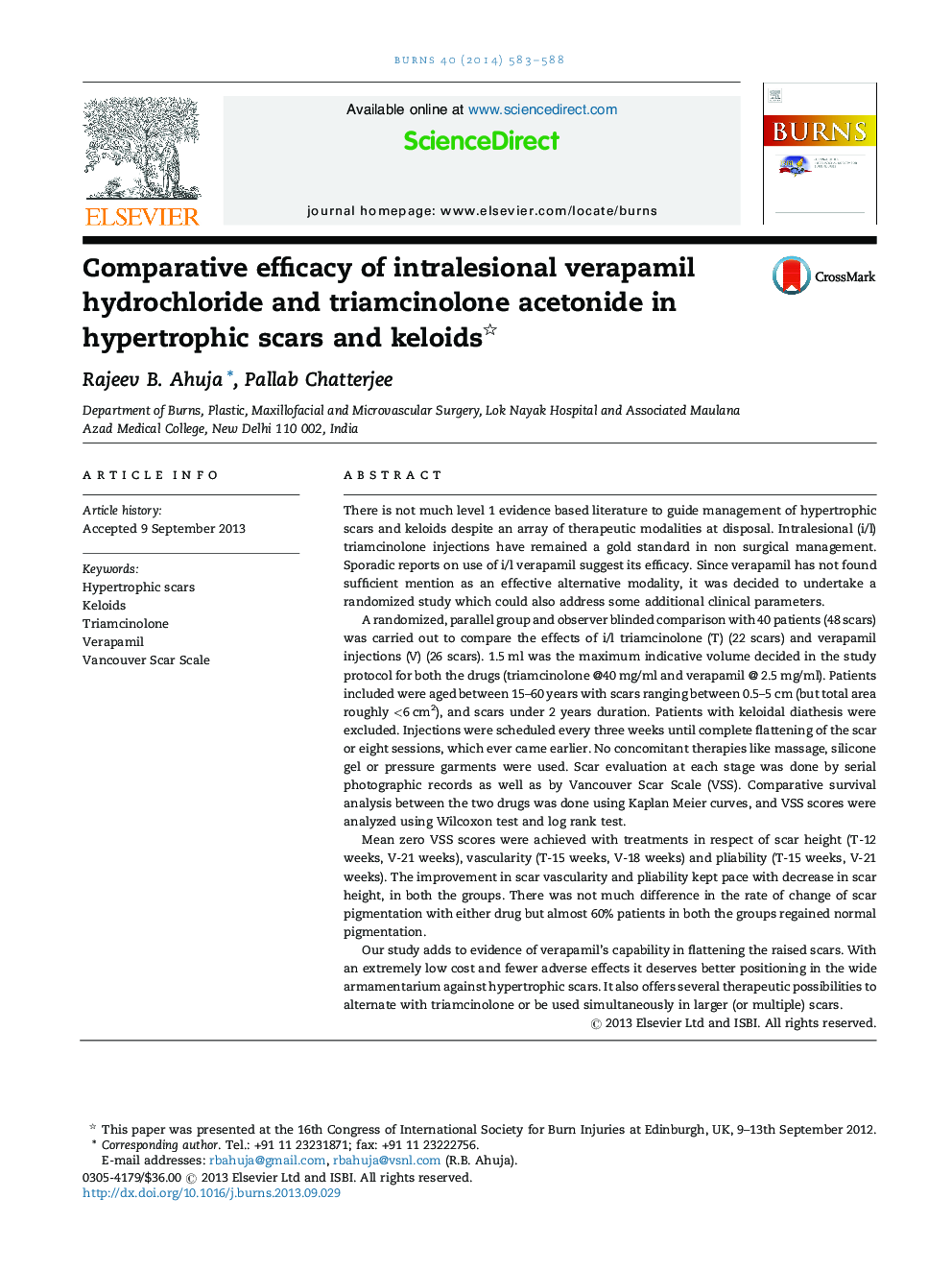 مقایسه اثربخشی وراپامیل هیدروکلرید داخل وریدی و تریامسینولون استونید در زخمهای هیپرتروفیک و کلوئید 