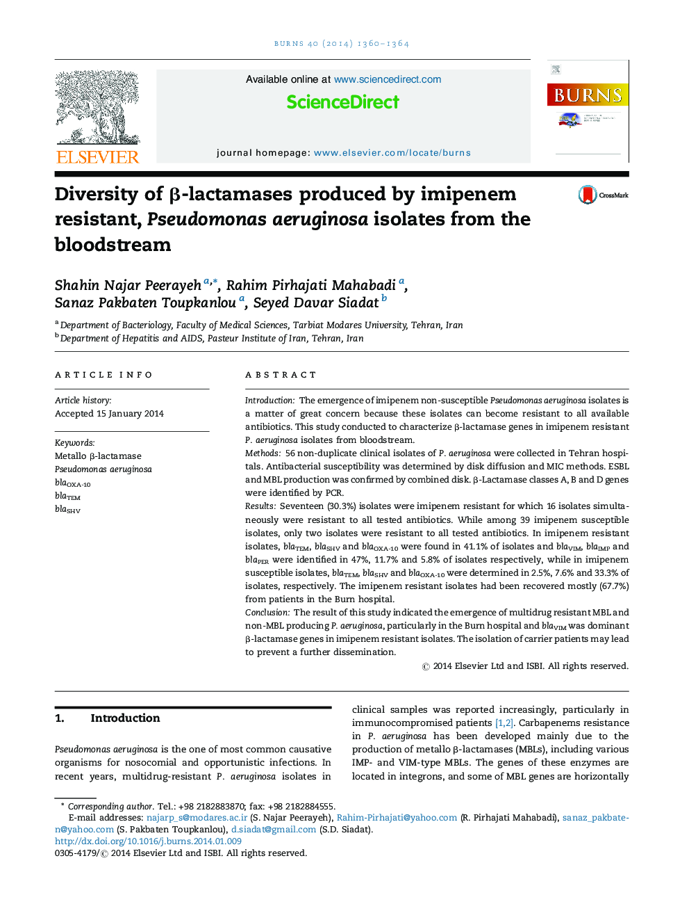 Diversity of β-lactamases produced by imipenem resistant, Pseudomonas aeruginosa isolates from the bloodstream