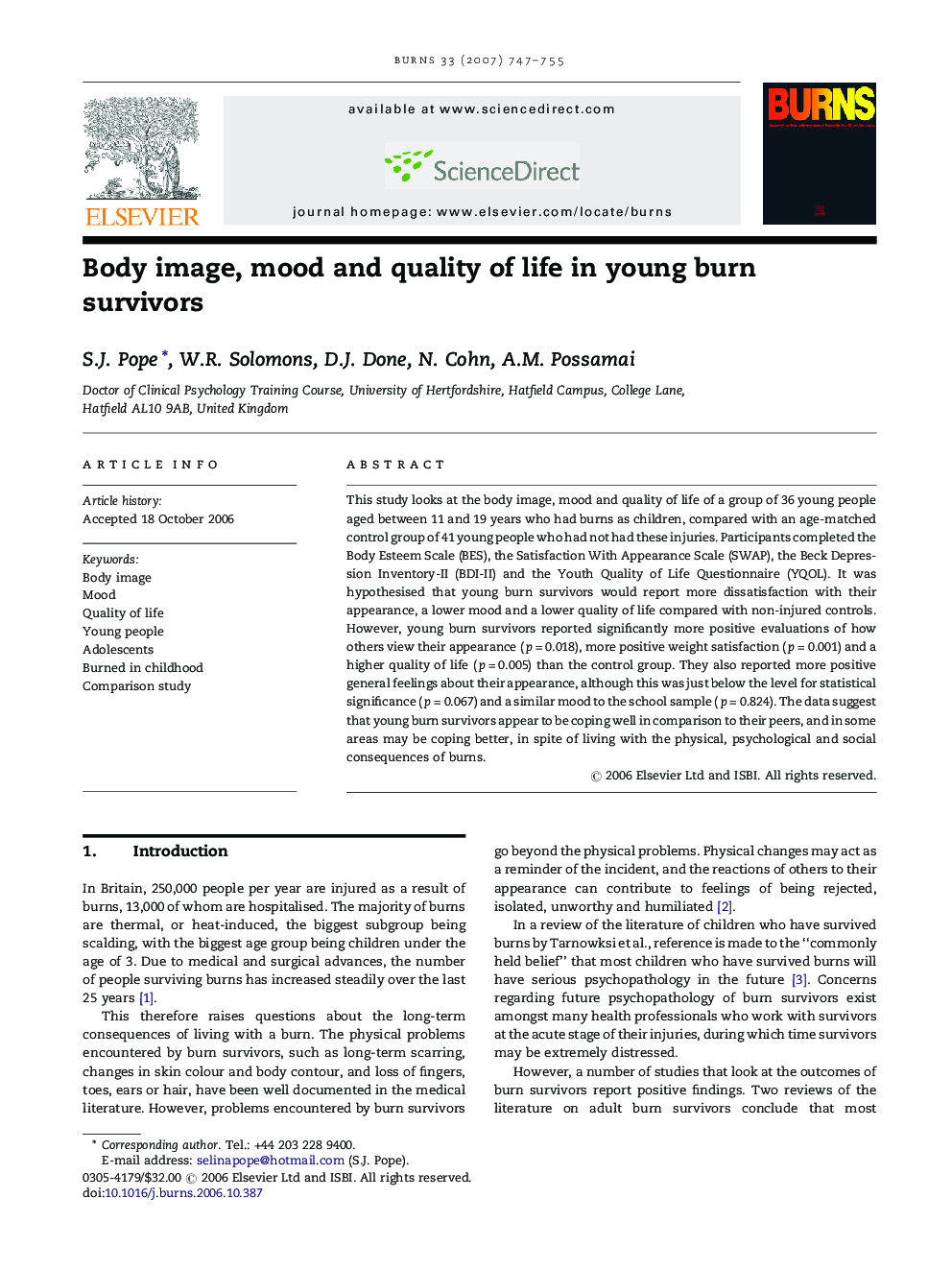 Body image, mood and quality of life in young burn survivors