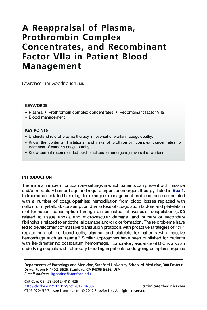 A Reappraisal of Plasma, Prothrombin Complex Concentrates, and Recombinant Factor VIIa in Patient Blood Management