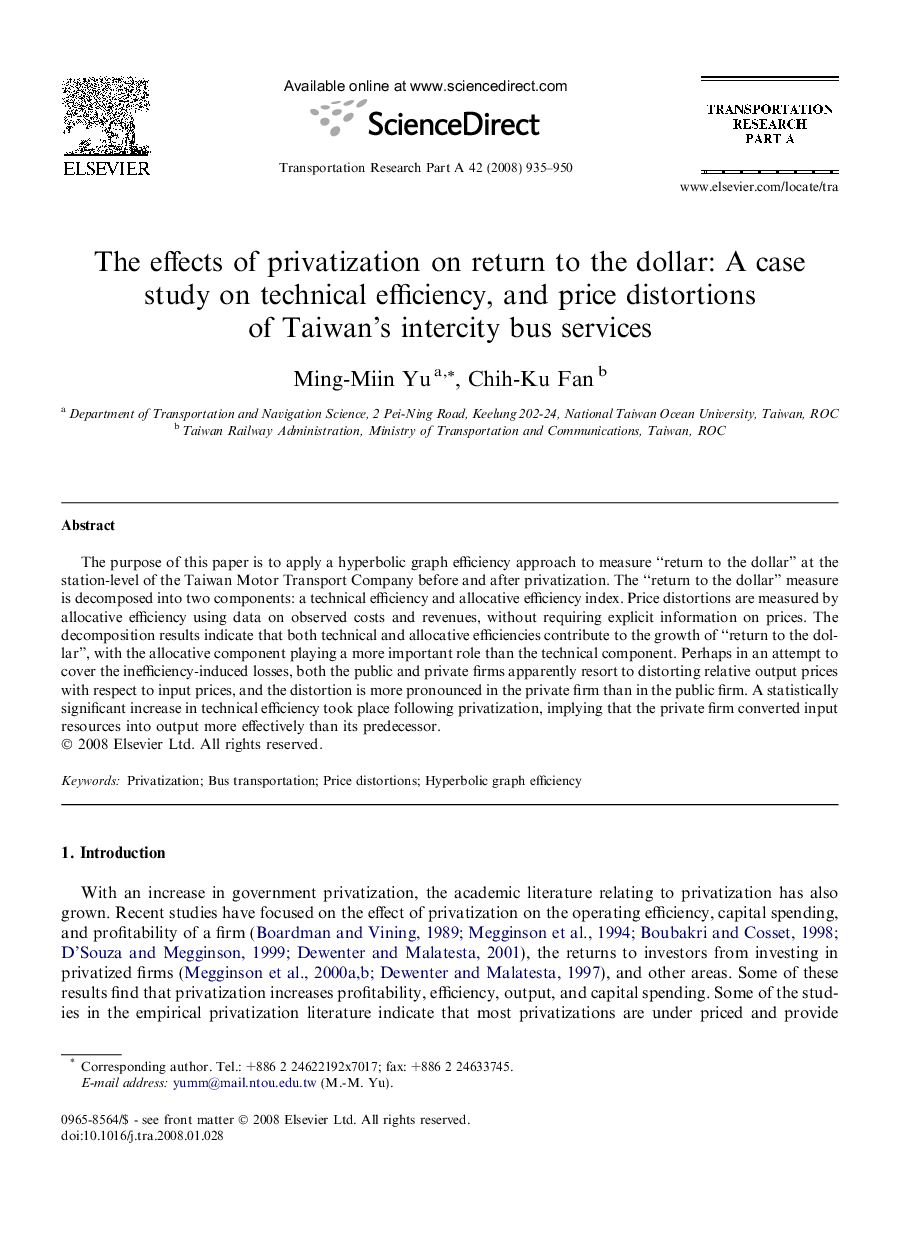 The effects of privatization on return to the dollar: A case study on technical efficiency, and price distortions of Taiwan’s intercity bus services